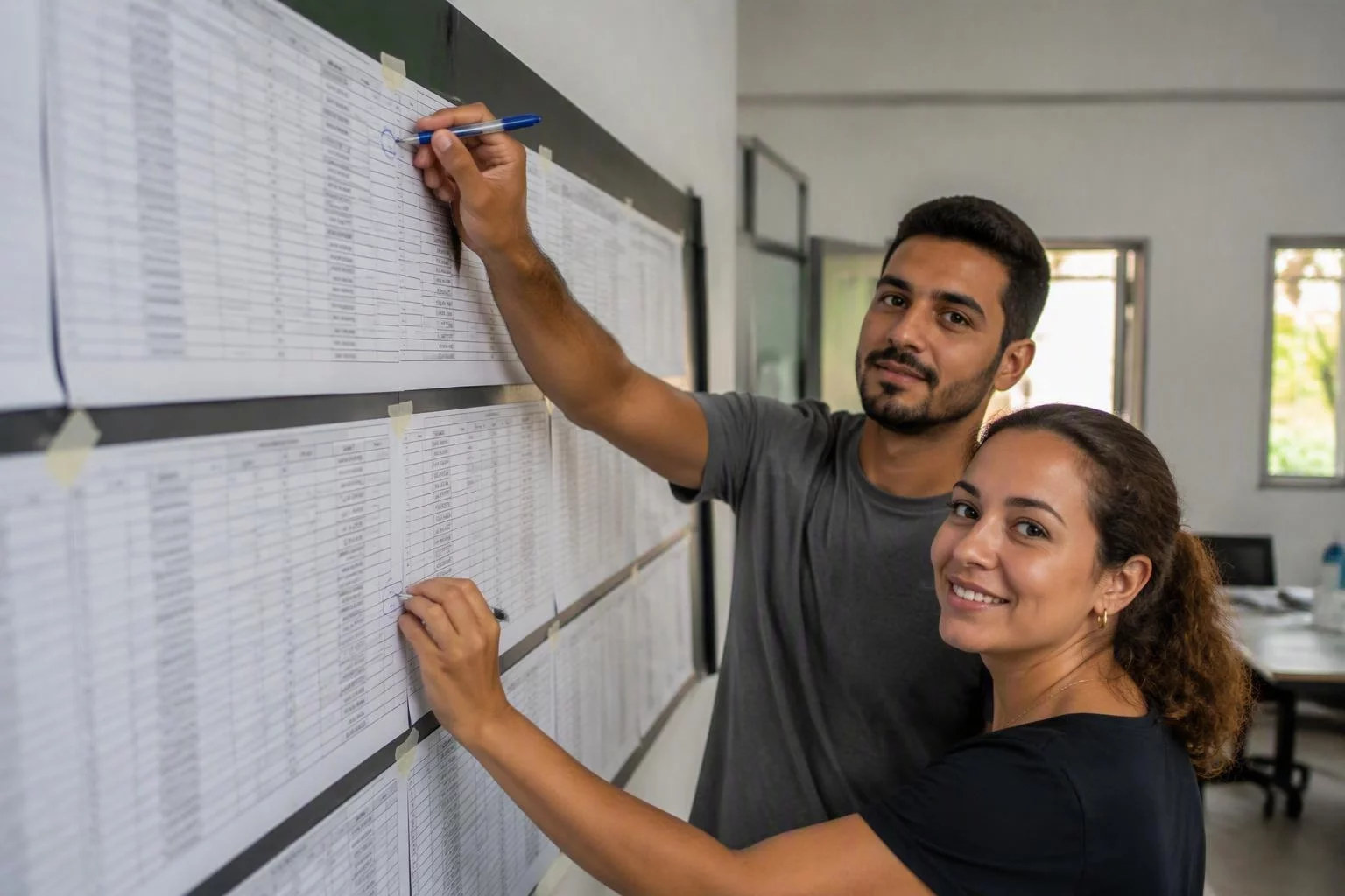 Duas pessoas marcando registros repetidos no quadro da sala
