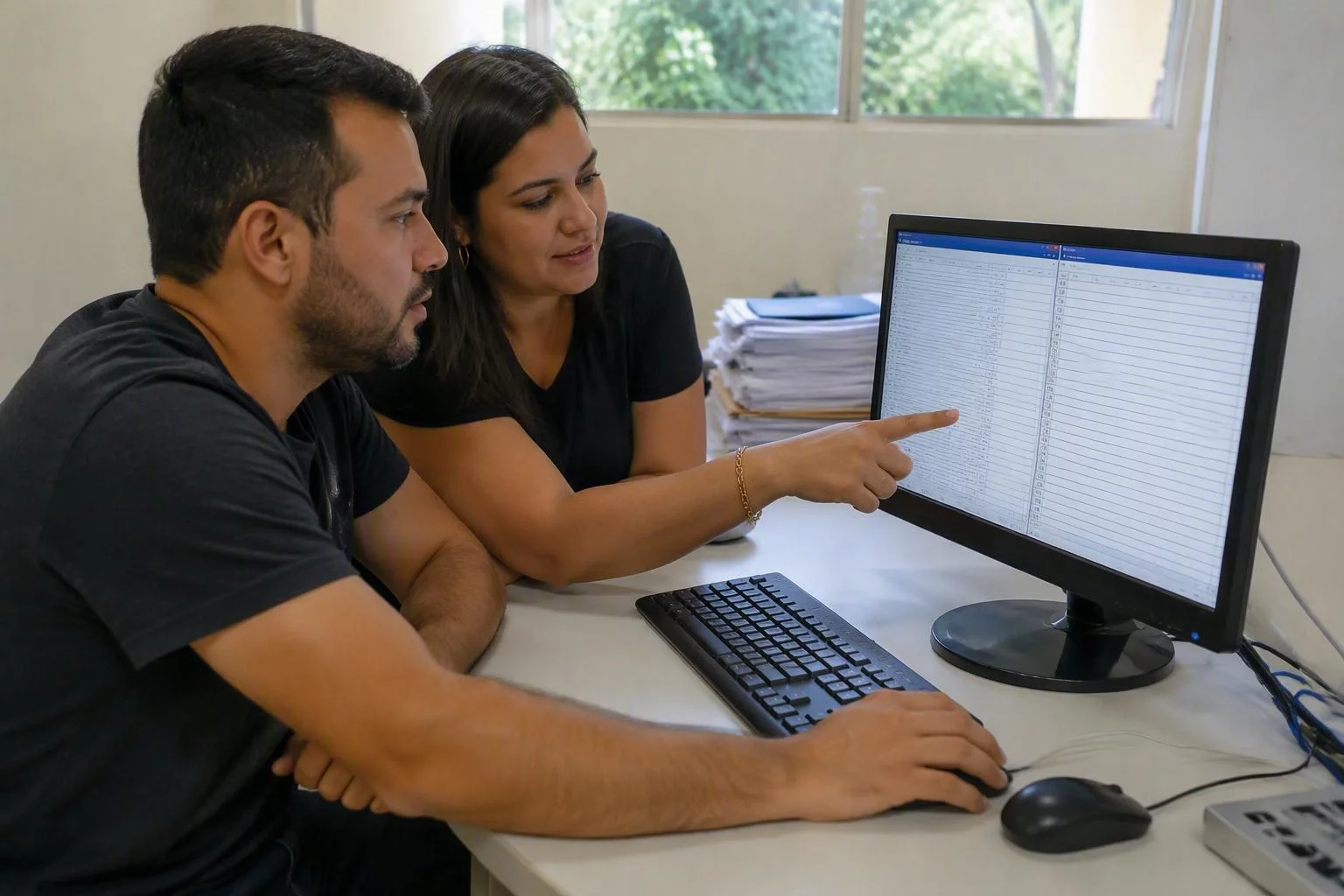 Analistas comparando duas listas de cadastro na tela do computador